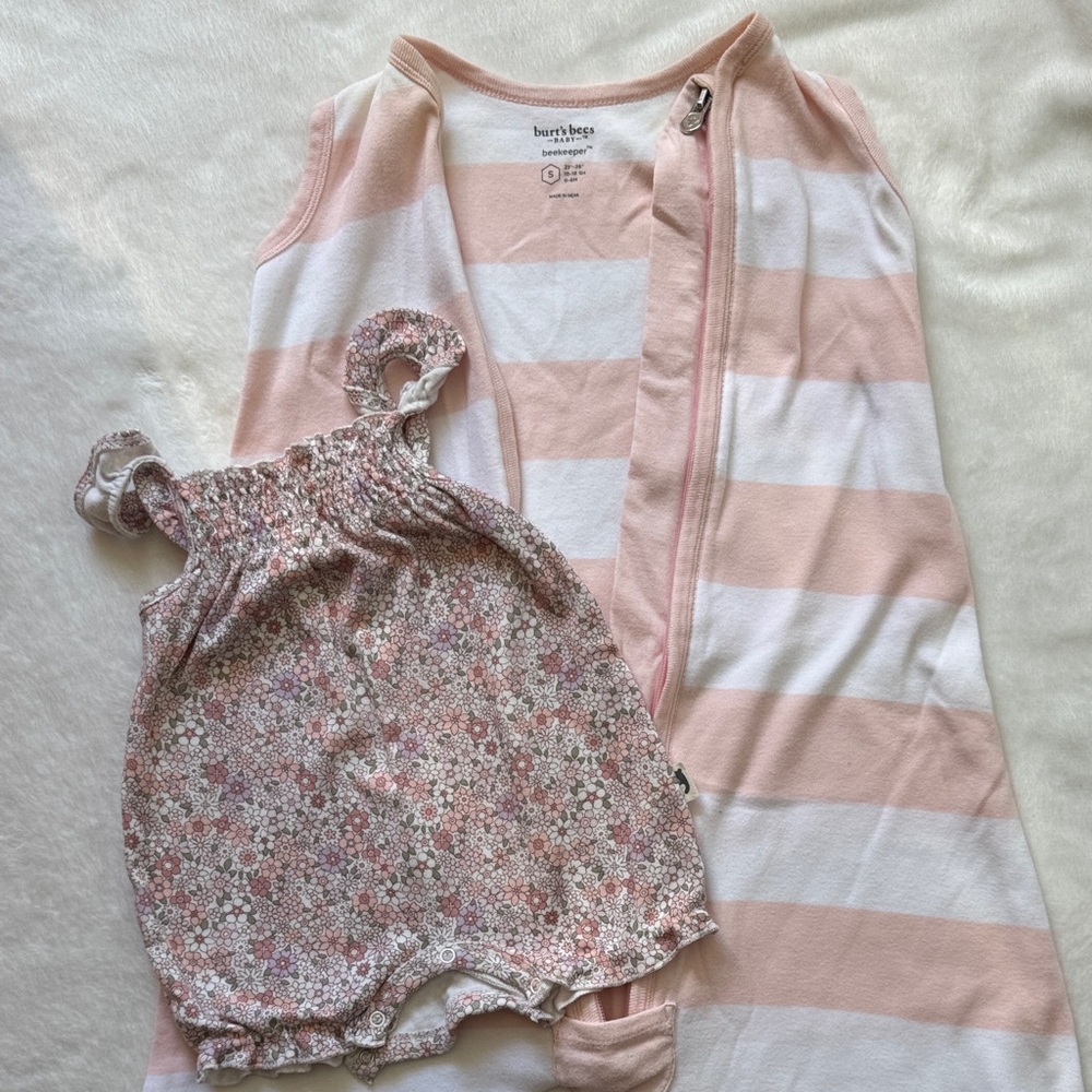 Burt's Bees Pink and White Striped Sleep Sack with Floral Romper